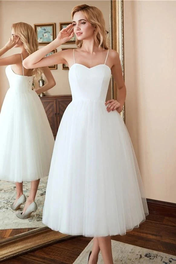 Simple Spaghetti Straps Ivory Satin Tulle Beach Wedding Dresses