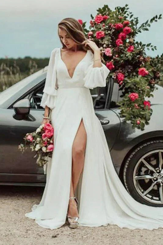 V Neck A Line Long Sleeves Wedding Dresses With Slit