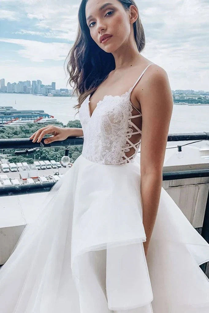 V Neck Lace Top Spaghetti Straps Wedding Dresses